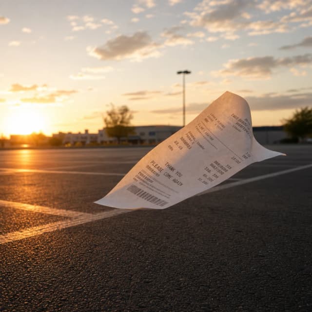 GPT Image 2 renders: a thermal-printed receipt blowing across an empty parking lot, golden hour
