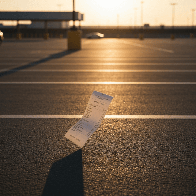 Imagen 4 Fast renders: a thermal-printed receipt blowing across an empty parking lot, golden hour