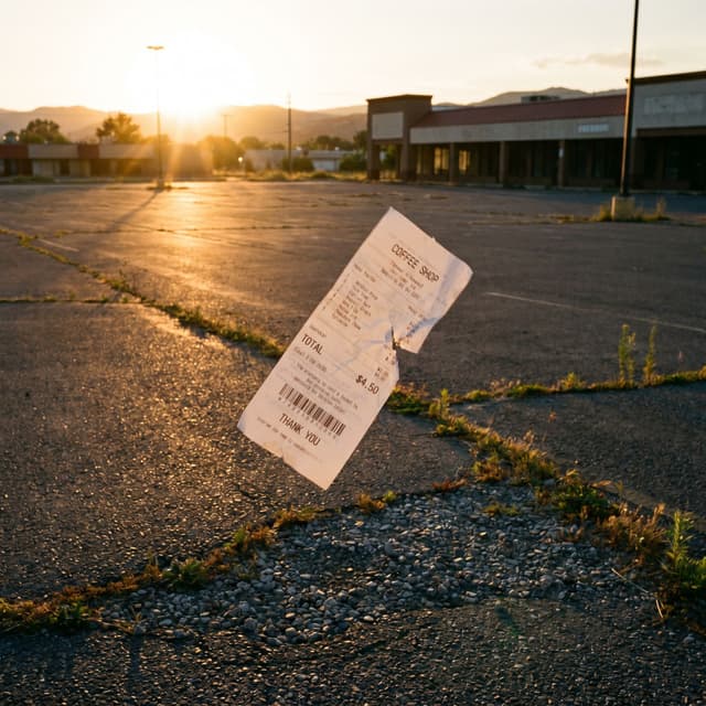 Nano Banana Pro renders: a thermal-printed receipt blowing across an empty parking lot, golden hour