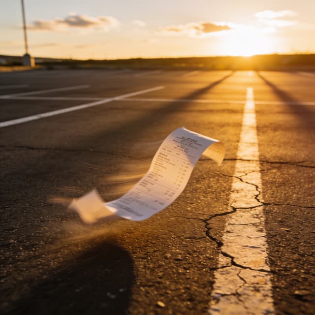 Seedream 4.5 renders: a thermal-printed receipt blowing across an empty parking lot, golden hour