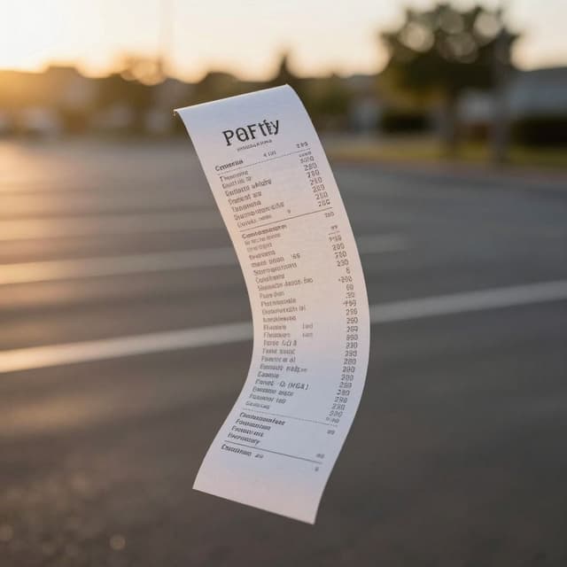 Z-Image Turbo renders: a thermal-printed receipt blowing across an empty parking lot, golden hour