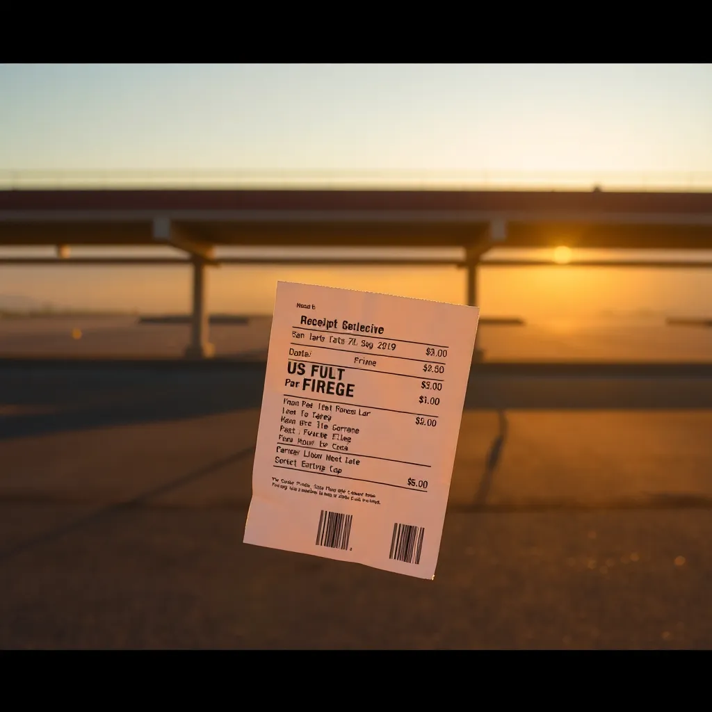 A thermal-printed receipt blowing across an empty parking lot, golden hour