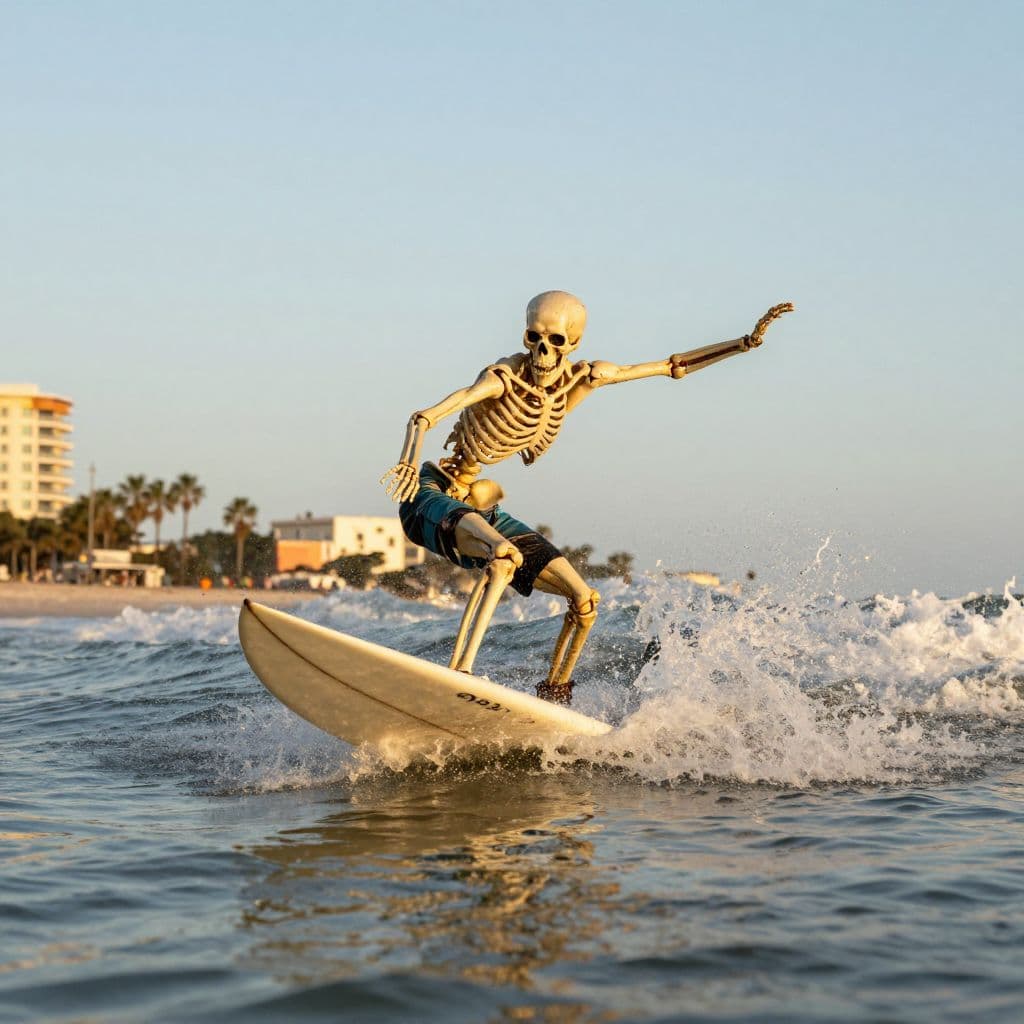 a skeleton surfing in naples florida during golden hour